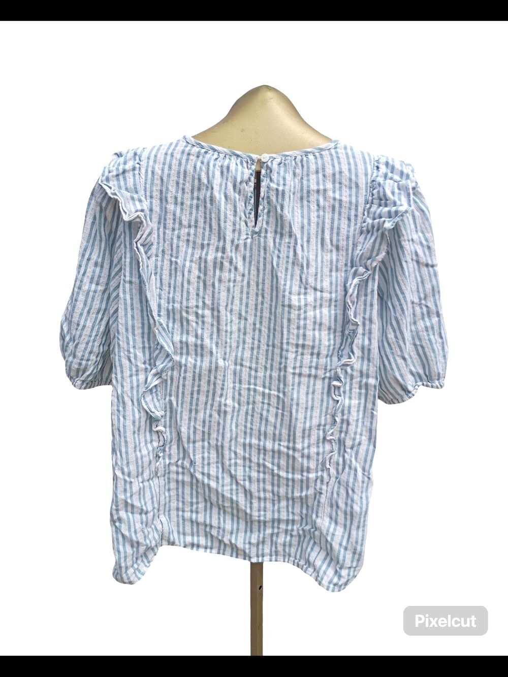 Universal Thread Cottagecore Blue White Stripe Ruffle Puff Sleeve Peasant Blouse - Picture 2 of 5